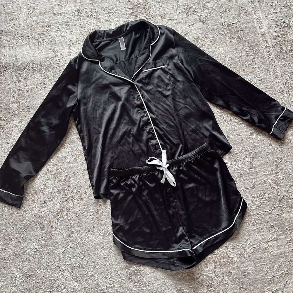 Stars Above Black Satin Pajama Set Shorts Long Sleeve Top Target Loungwear PJs